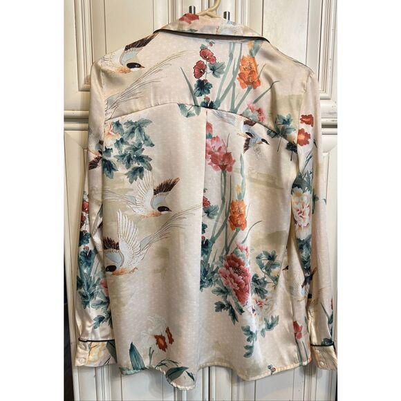Zara Women's Oriental Japanese Garden Floral Print Satin Shirt Multicolor Small - Picture 5 of 15